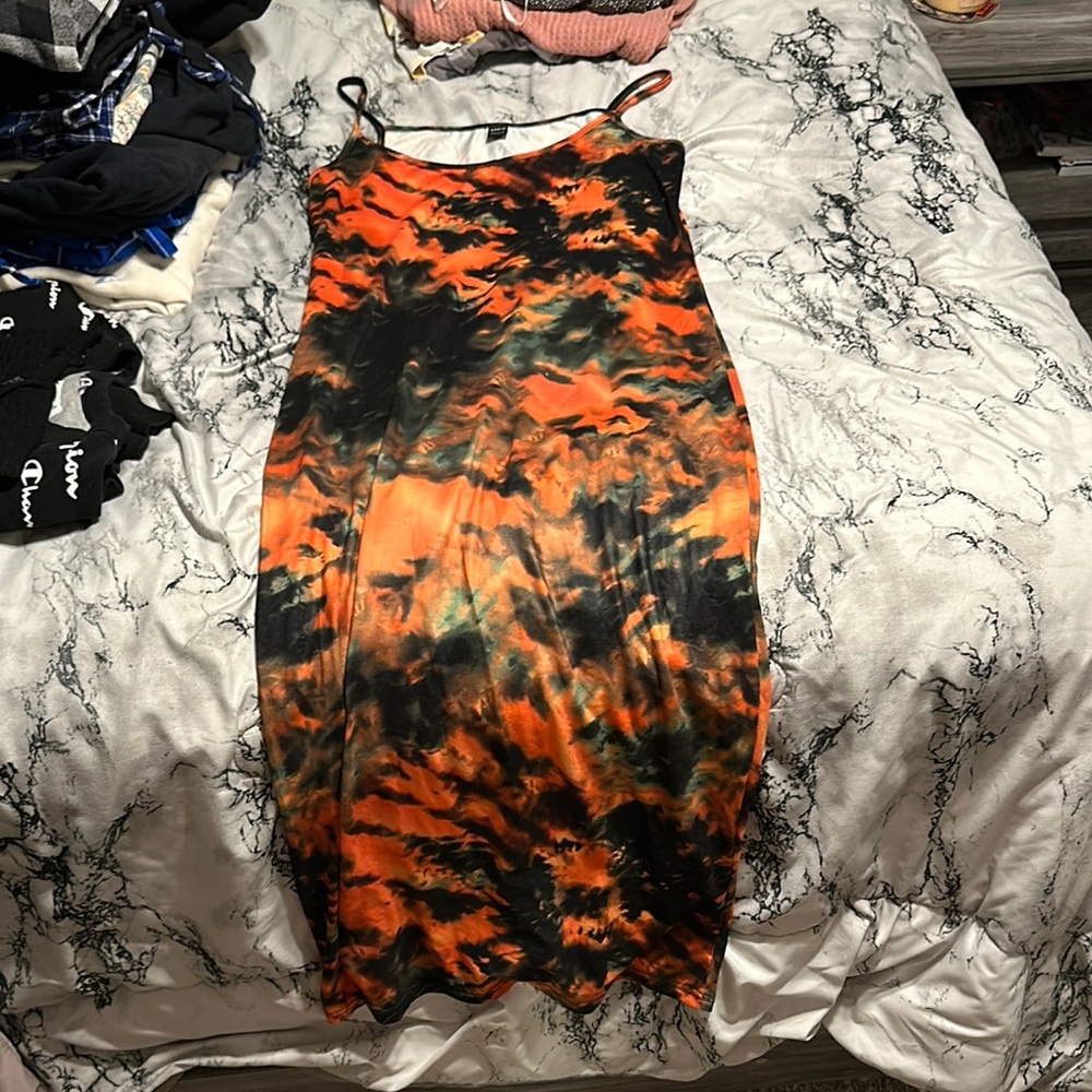 Tie-Dye Spaghetti Strap Dress - Orange and Black